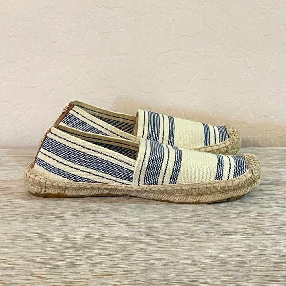 Tory Burch Espadrille Flats Slip On Shoes Ivory Navy Blue Stripe 7